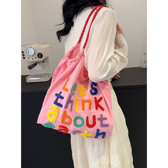 Summer 2025 new lettered towel embroidered tote bag with large capacity, fashionable and versatile commuting single-shoulder bag for women