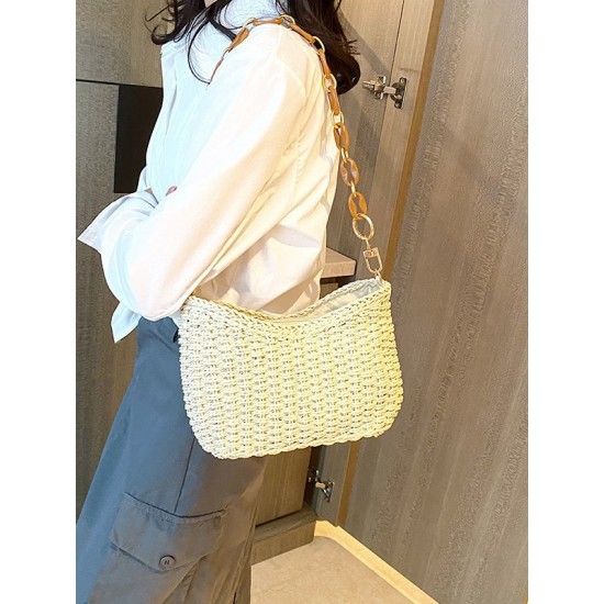 New Korean-style versatile beach bag, small square bag, fashionable straw woven mobile phone bag, high-end commuting underarm bag for women