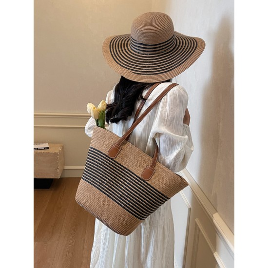 2025 new color-blocking beach resort bag, straw woven bag, large-capacity fashionable and versatile single-shoulder tote bag