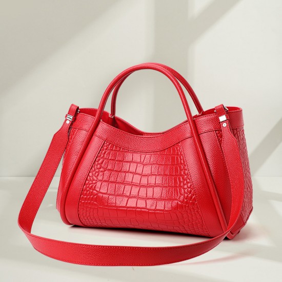 Qiandian crocodile pattern genuine leather large handbag for women, fashionable commuting mother and child, large-capacity tote, single-shoulder crossbody bag