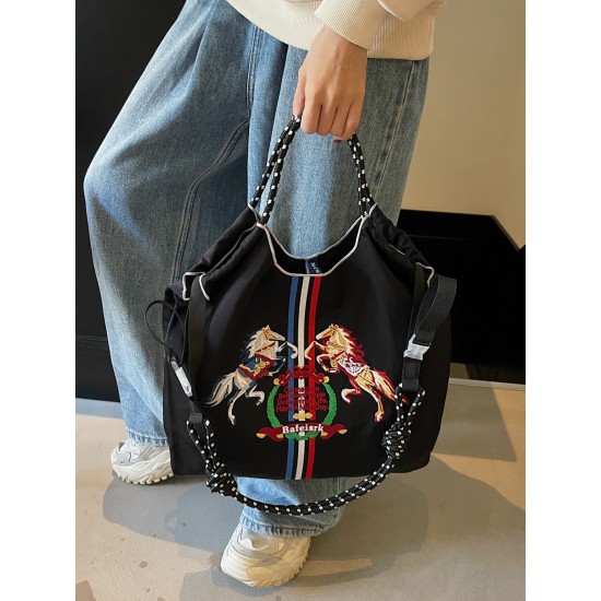 ball chain's new flame-embroidered shopping bag, waterproof foldable portable handbag, single-shoulder crossbody bag